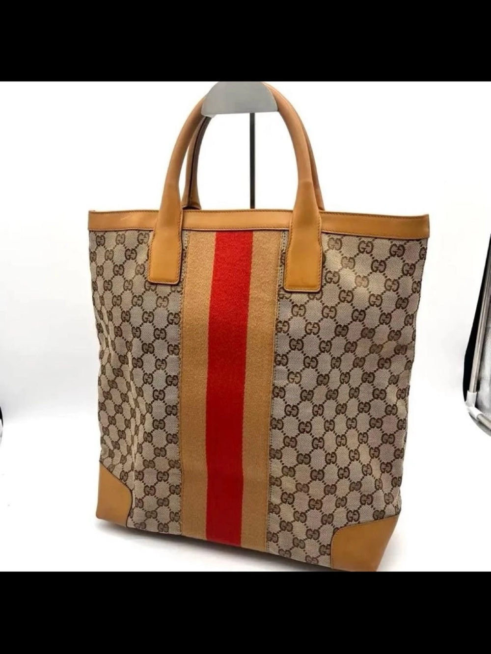 Gucci Beige GG Supreme Canvas Tote with Red Center Stripe and Tan Trim